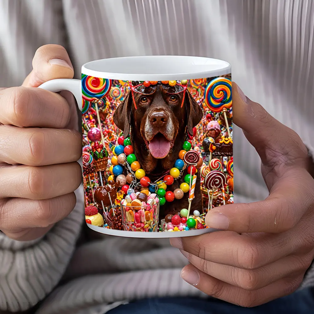 Chocolate Labrador Retriever Surrounded By Colorful Candy – Mugs