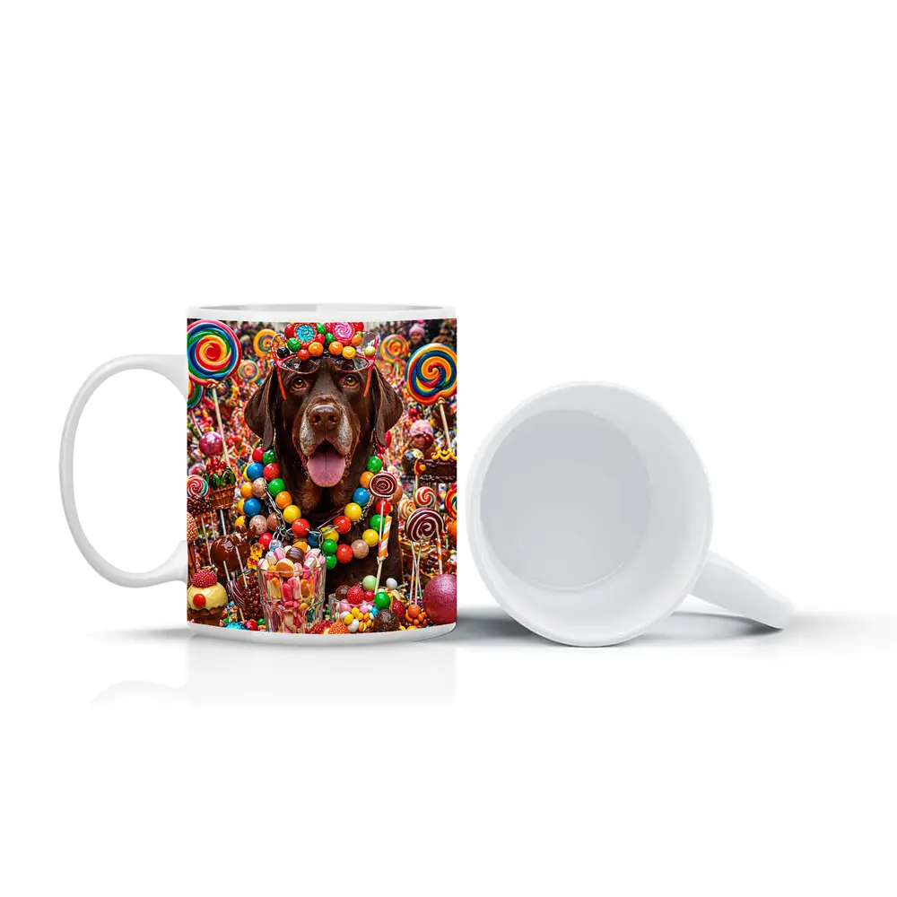 Chocolate Labrador Retriever Surrounded By Colorful Candy – Mugs