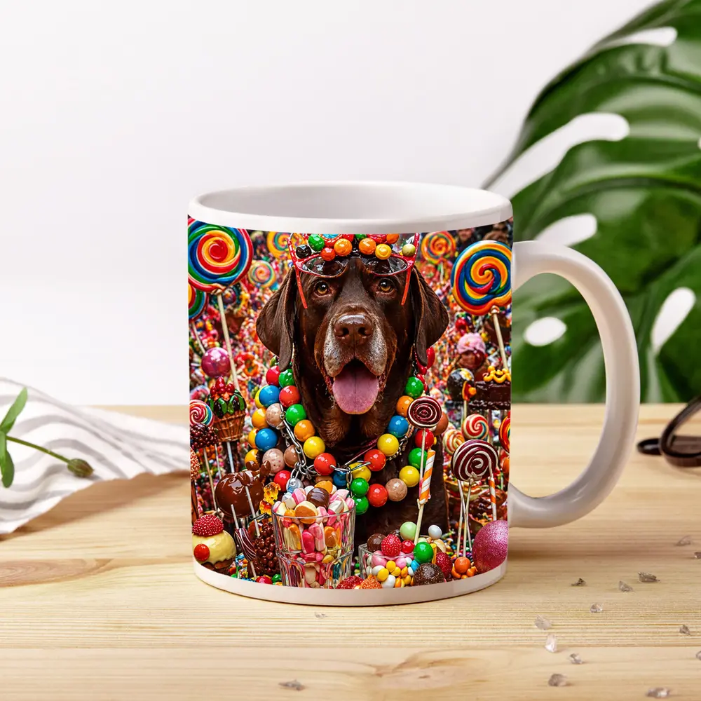 Chocolate Labrador Retriever Surrounded By Colorful Candy – Mugs