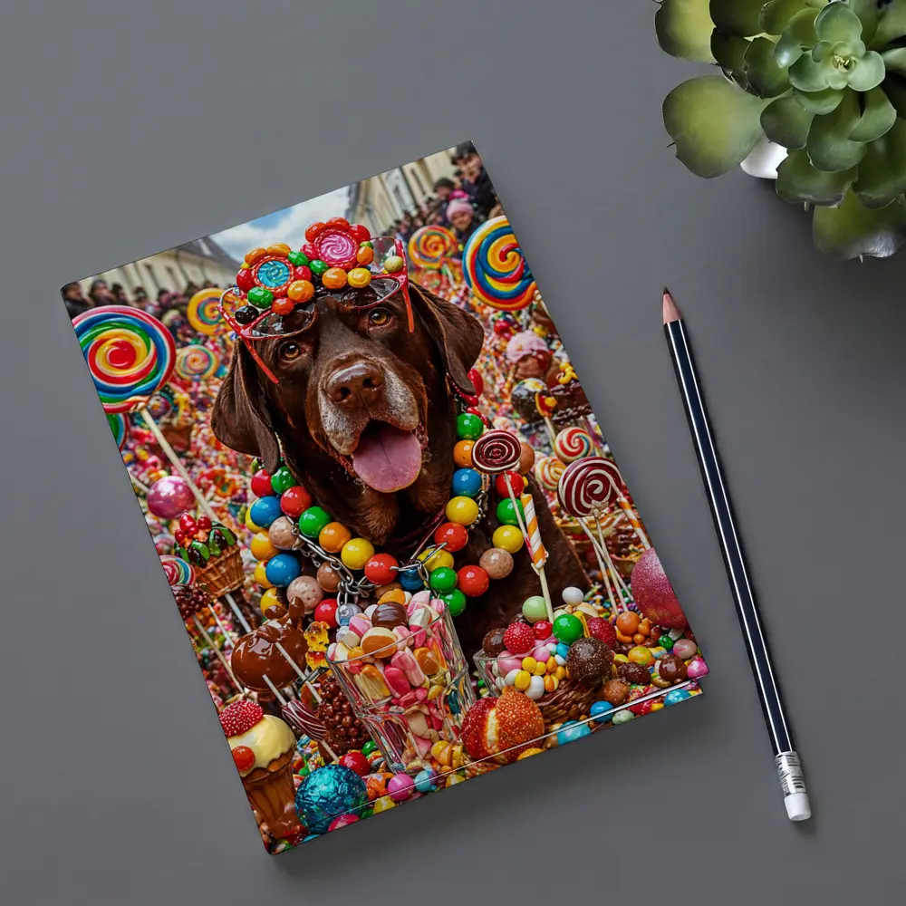 Chocolate Labrador Retriever Surrounded By Colorful Candy – Notebooks