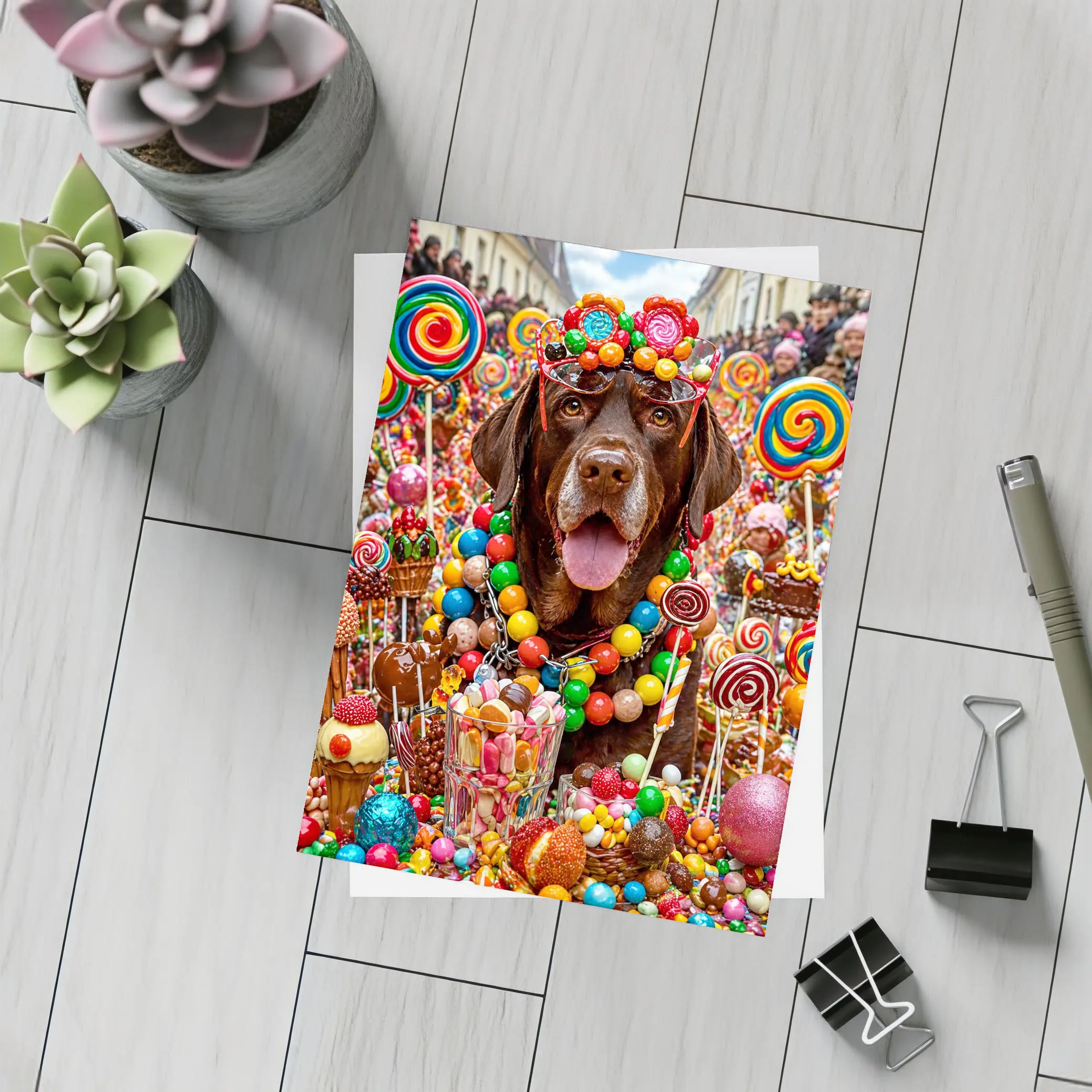 Chocolate Labrador Retriever Surrounded By Colorful Candy – Postcards