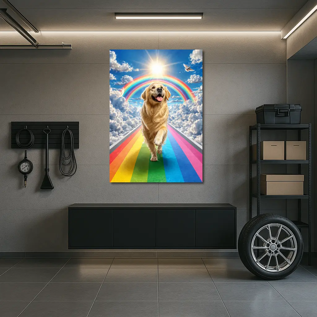 Golden Retriever Running Rainbow Bridge Sunny Sky – Wall Art