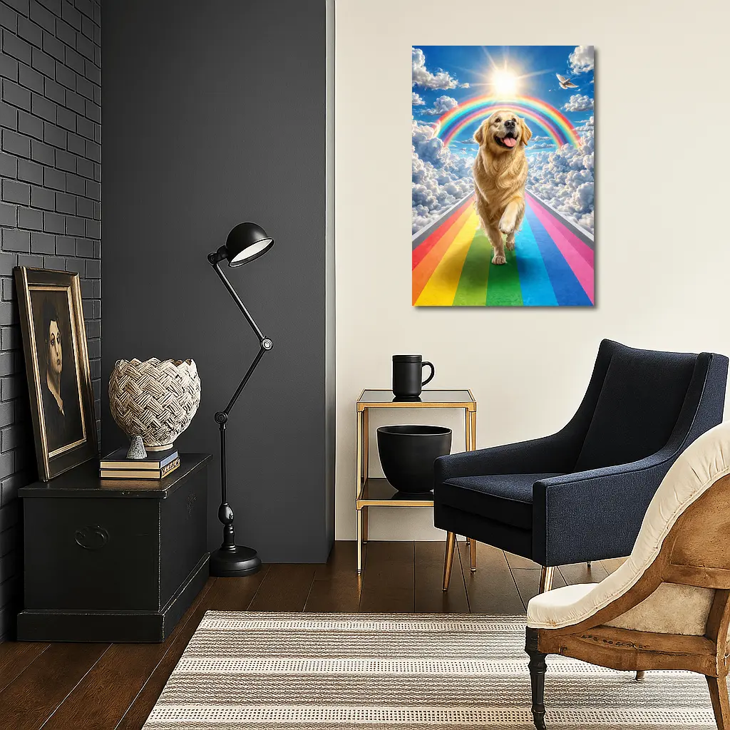 Golden Retriever Running Rainbow Bridge Sunny Sky – Wall Art