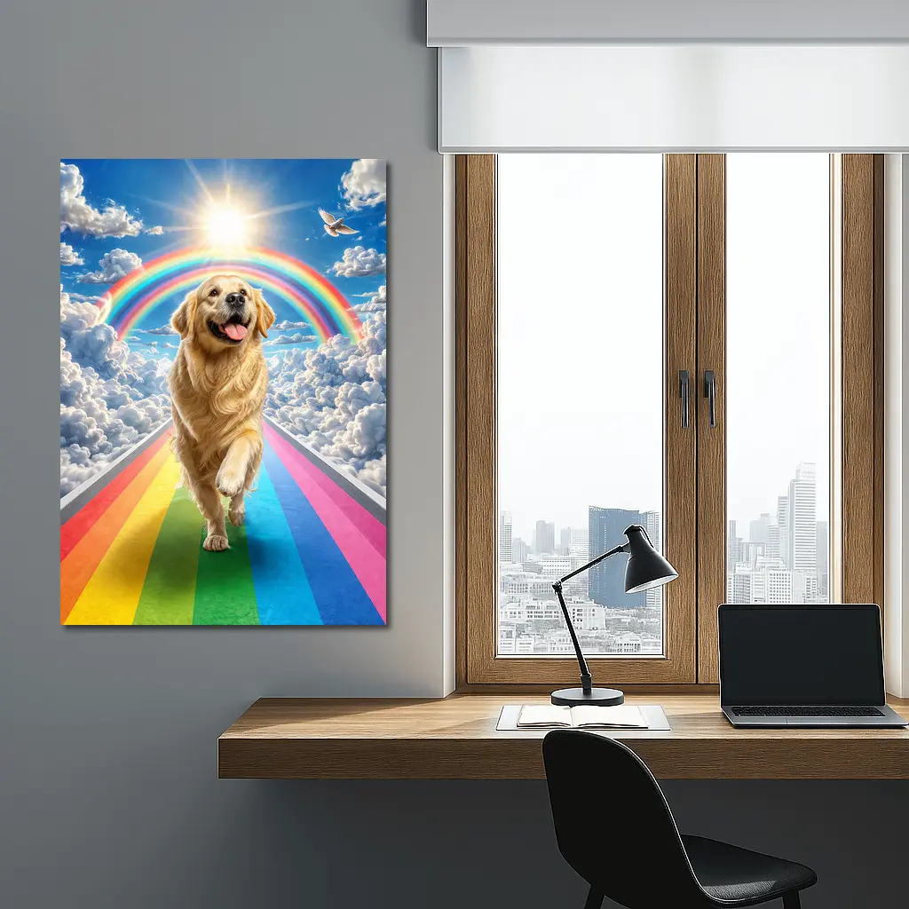 Golden Retriever Running Rainbow Bridge Sunny Sky – Wall Art