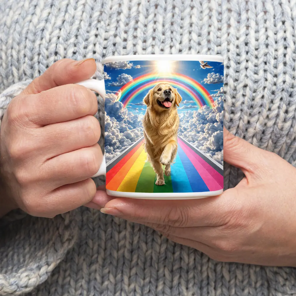 Golden Retriever Running Rainbow Bridge Sunny Sky – Mugs