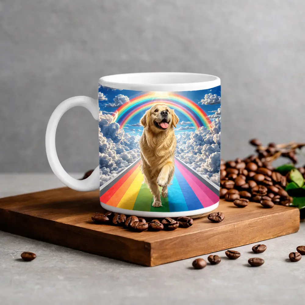 Golden Retriever Running Rainbow Bridge Sunny Sky – Mugs