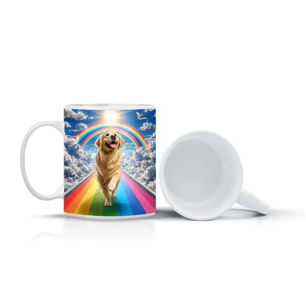 Golden Retriever Running Rainbow Bridge Sunny Sky – Mugs