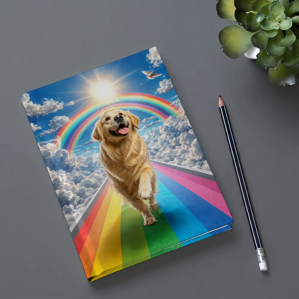 Golden Retriever Running Rainbow Bridge Sunny Sky – Notebooks