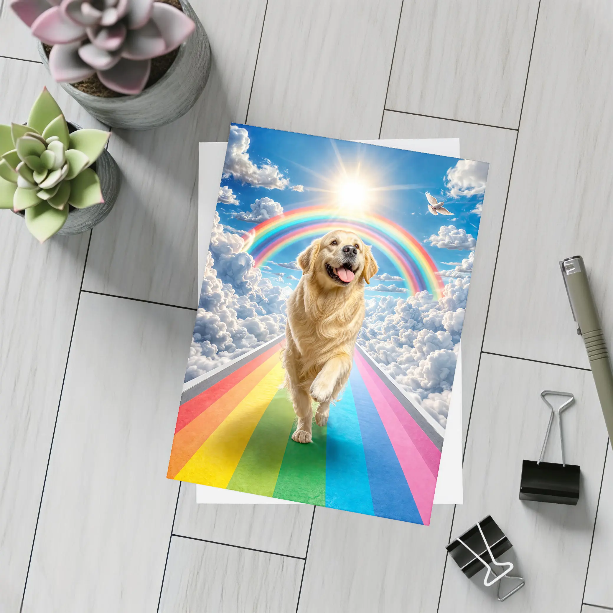Golden Retriever Running Rainbow Bridge Sunny Sky – Postcards