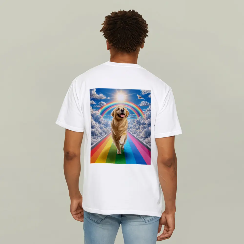 Golden Retriever Running Rainbow Bridge Sunny Sky – T-Shirts