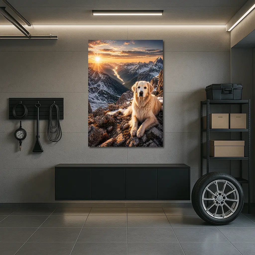 Golden Retriever Resting on Snowy Mountain Summit – Wall Art