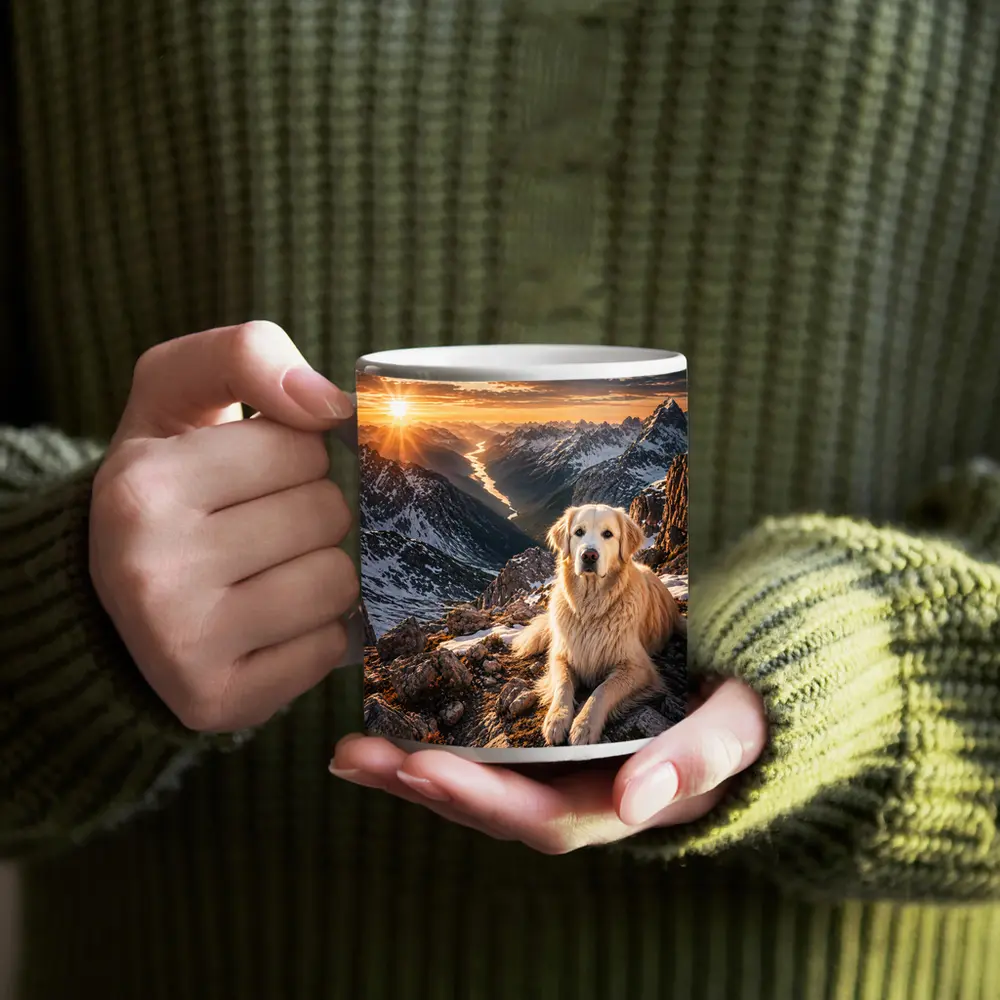 Golden Retriever Resting on Snowy Mountain Summit – Mugs