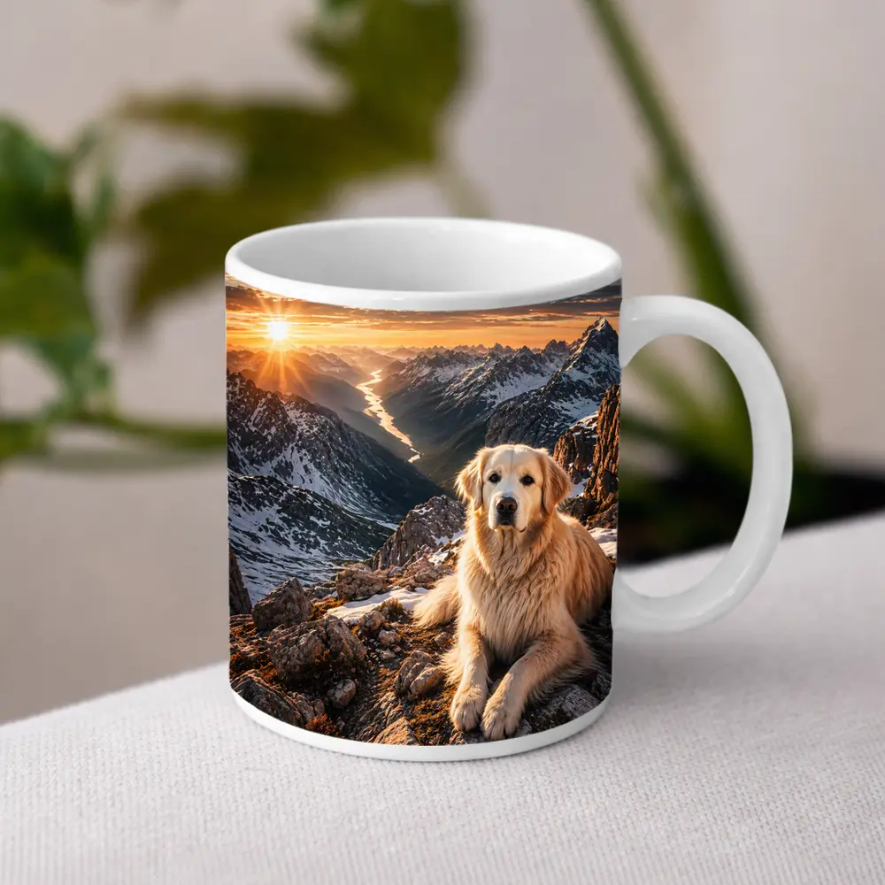Golden Retriever Resting on Snowy Mountain Summit – Mugs