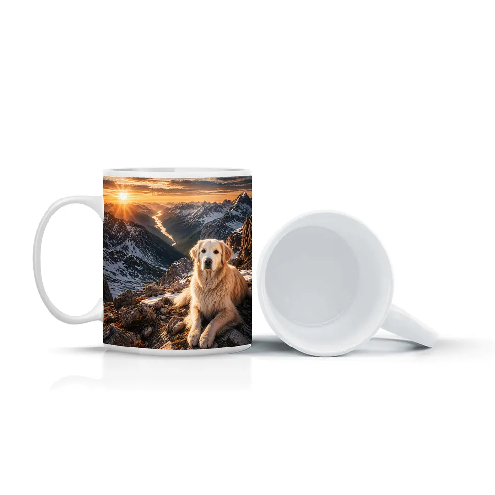 Golden Retriever Resting on Snowy Mountain Summit – Mugs