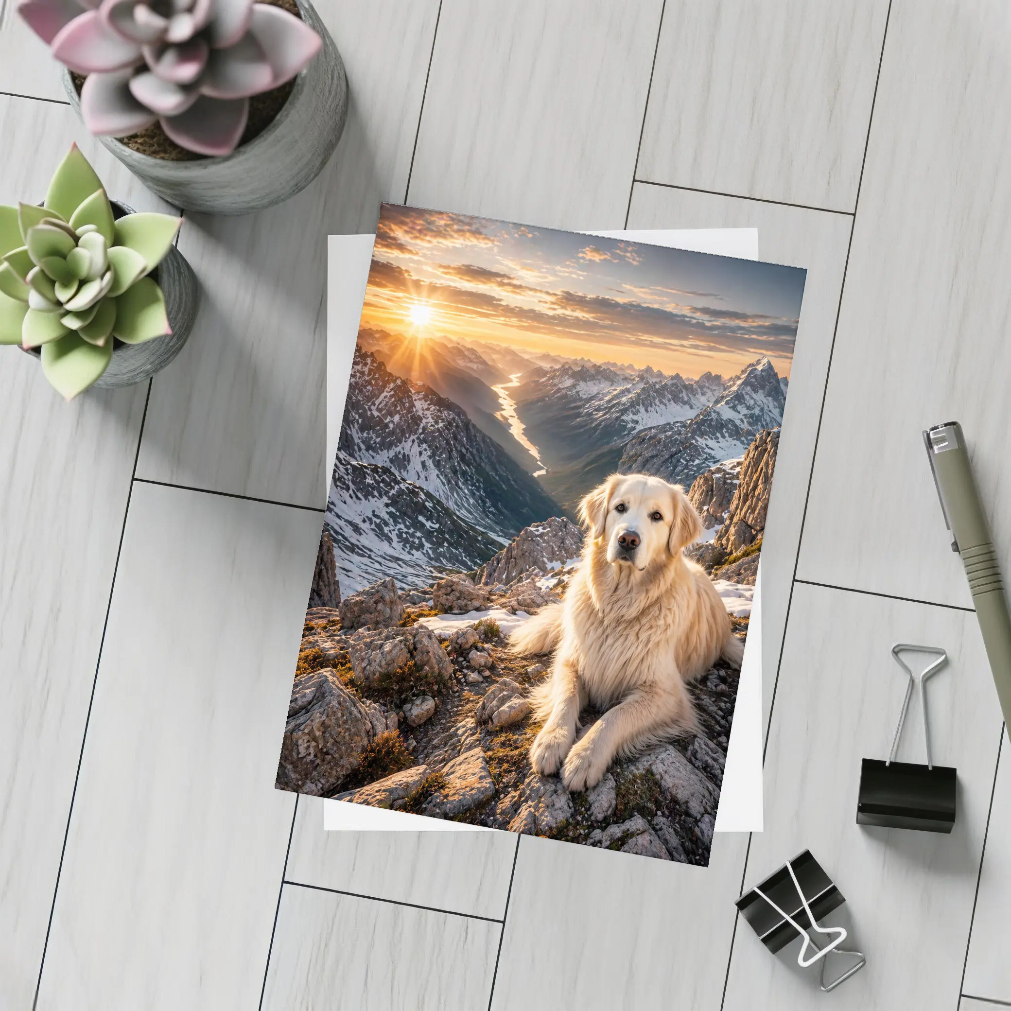 Golden Retriever Resting on Snowy Mountain Summit – Postcards