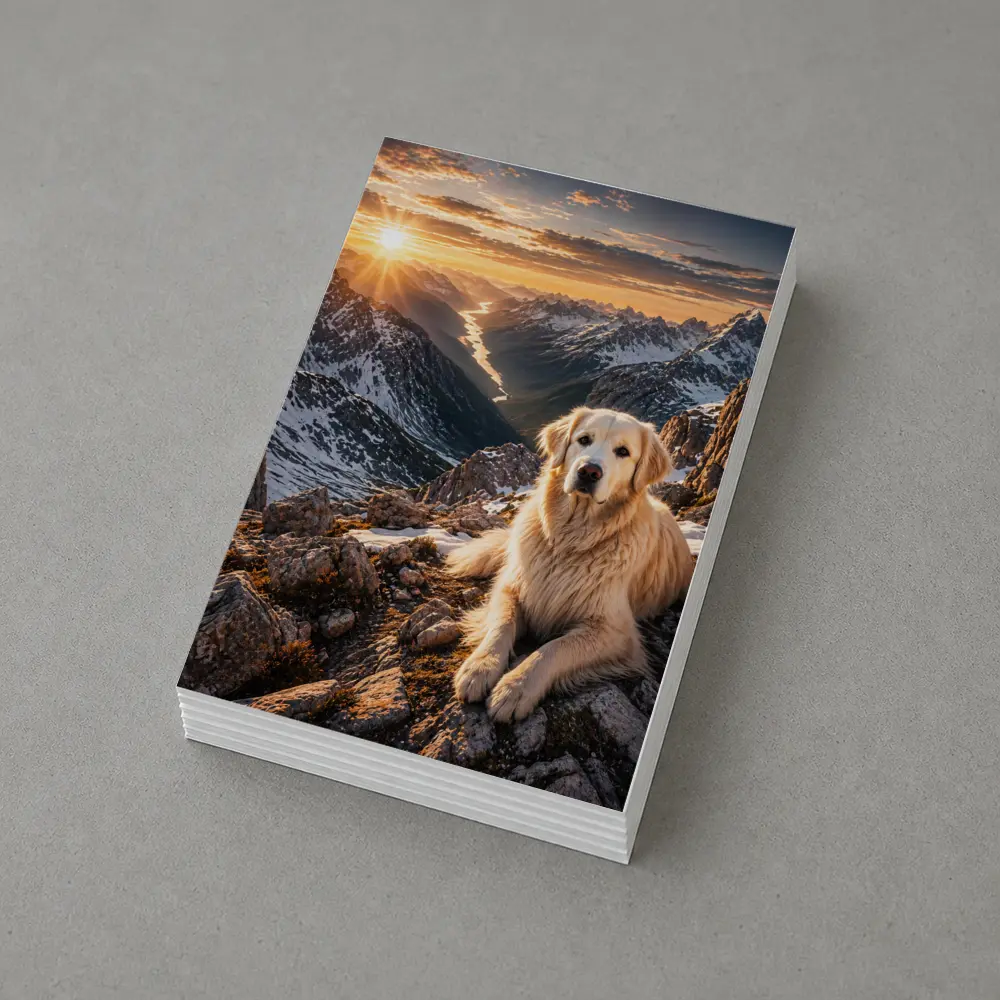 Golden Retriever Resting on Snowy Mountain Summit – Postcards