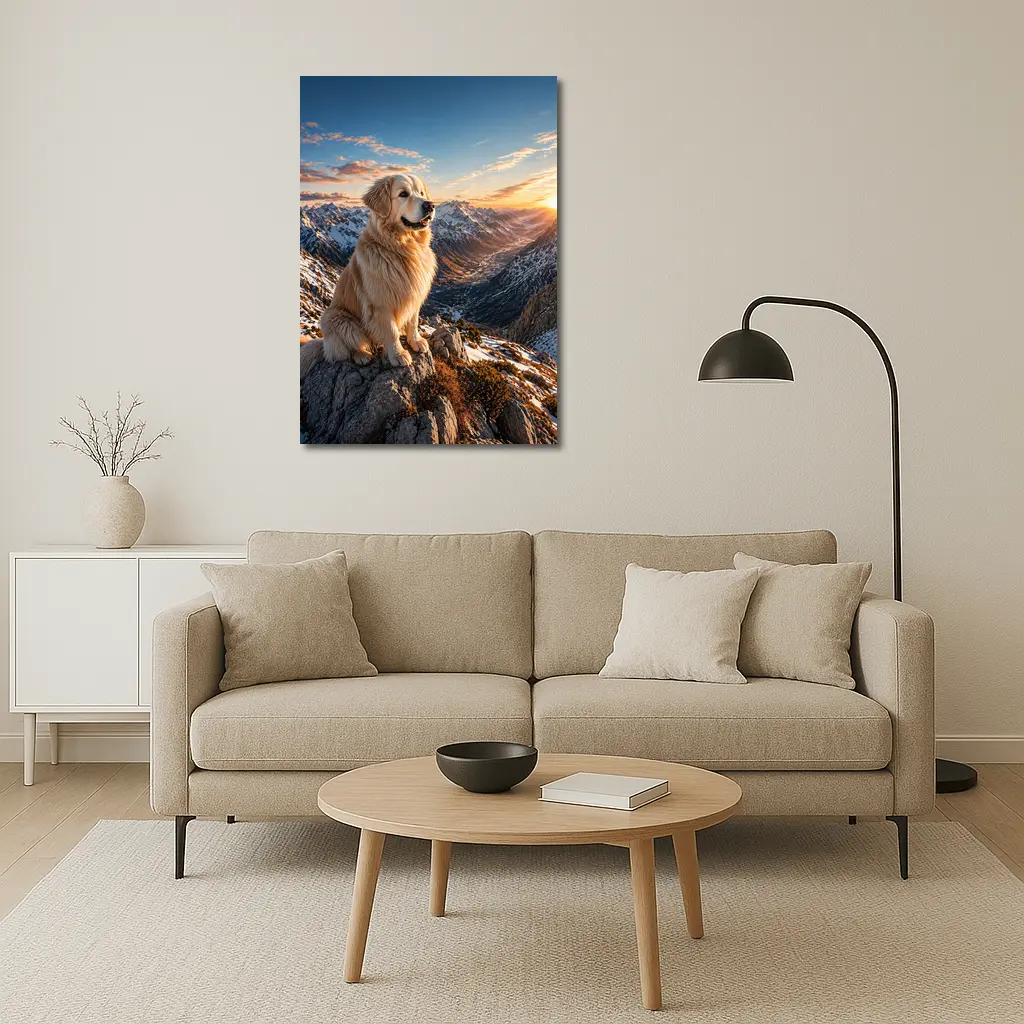 Golden Retriever Sitting on Snowy Mountain Summit – Wall Art