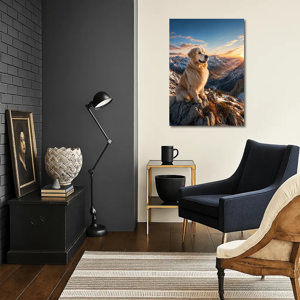 Golden Retriever Sitting on Snowy Mountain Summit – Wall Art