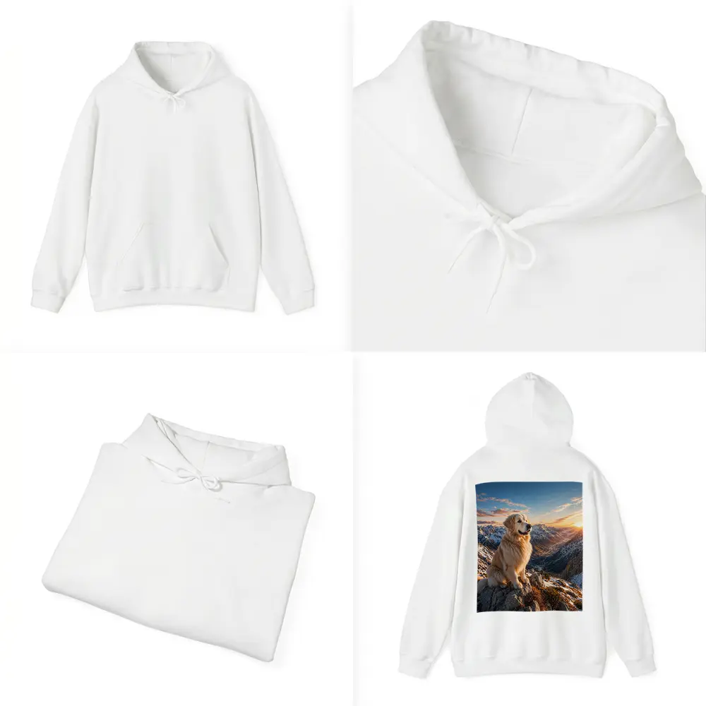 Golden Retriever Sitting on Snowy Mountain Summit – Hoodies