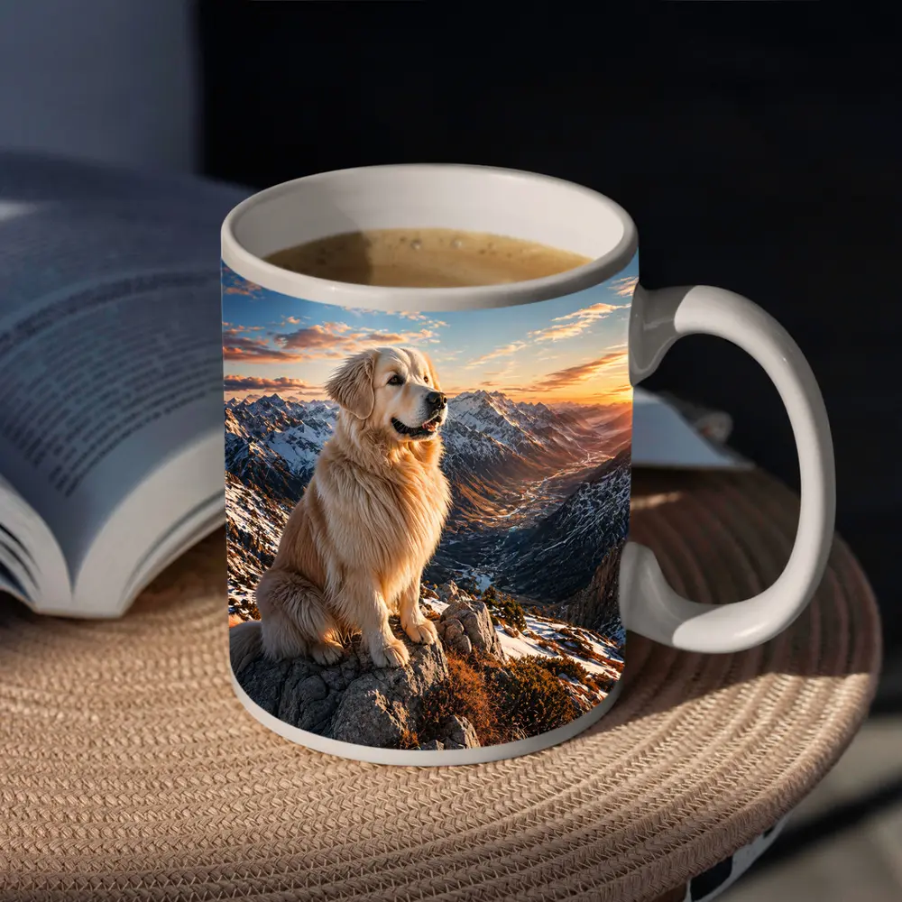 Golden Retriever Sitting on Snowy Mountain Summit – Mugs
