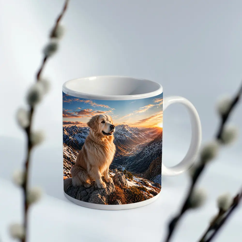 Golden Retriever Sitting on Snowy Mountain Summit – Mugs