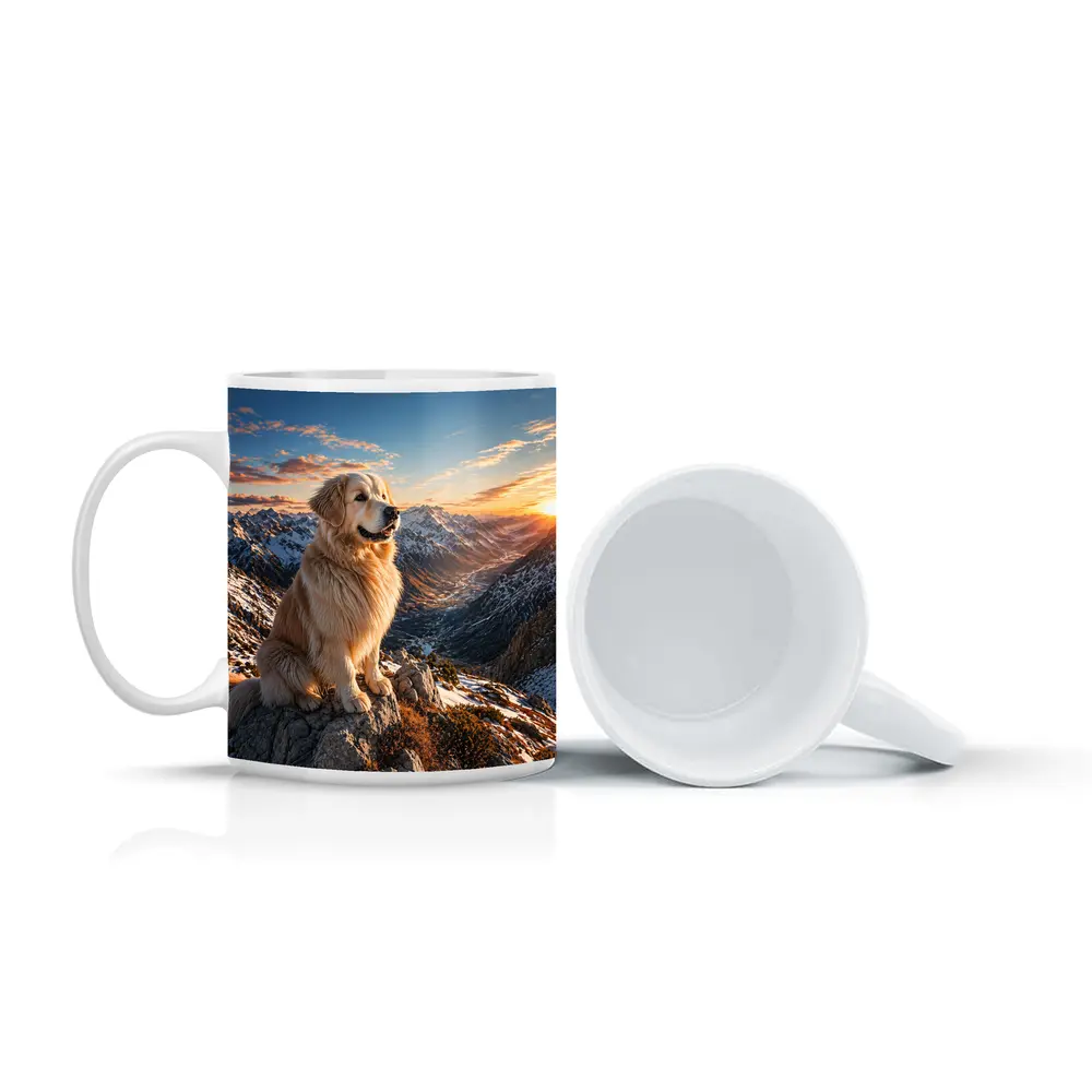 Golden Retriever Sitting on Snowy Mountain Summit – Mugs