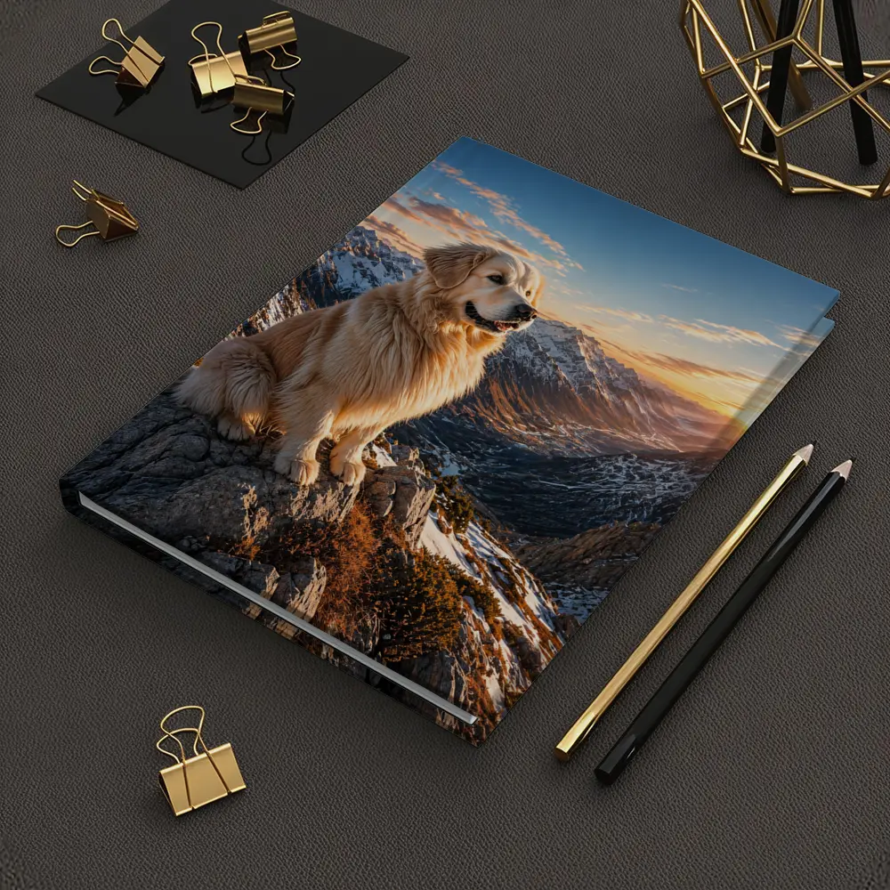 Golden Retriever Sitting on Snowy Mountain Summit – Notebooks