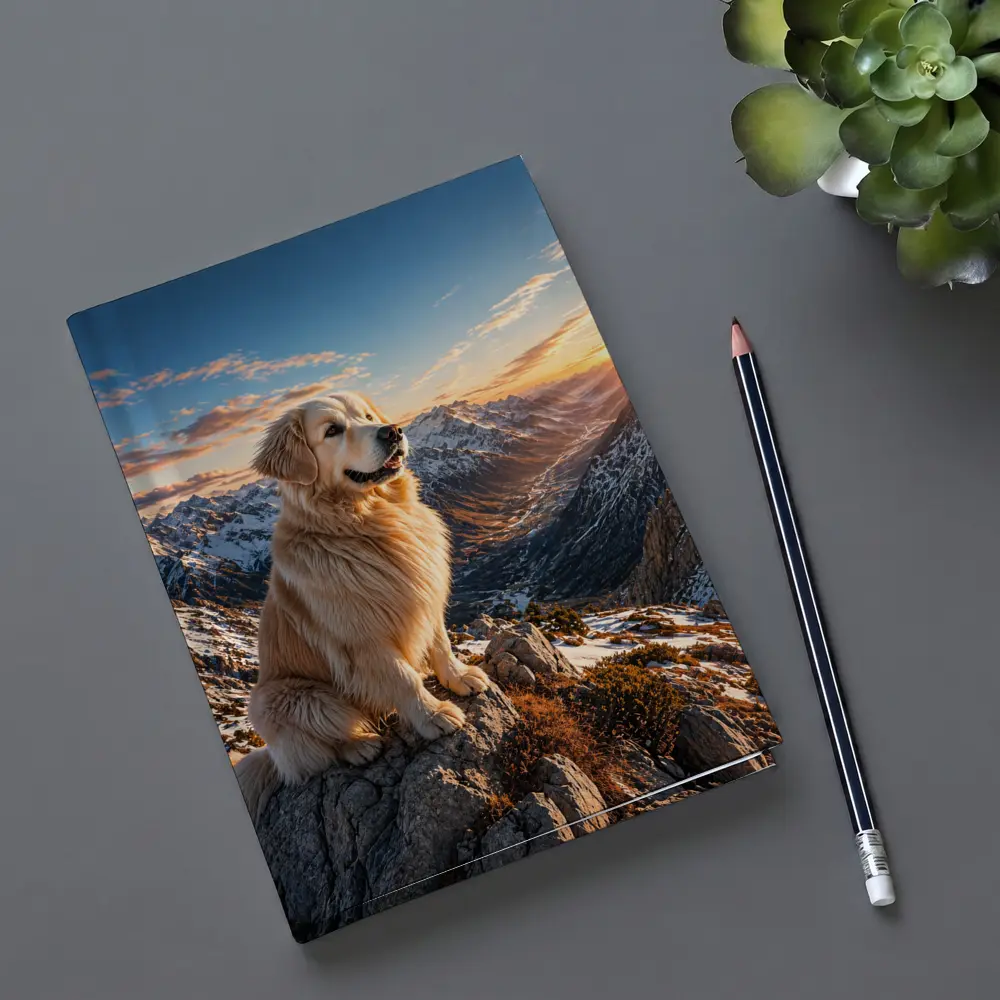 Golden Retriever Sitting on Snowy Mountain Summit – Notebooks