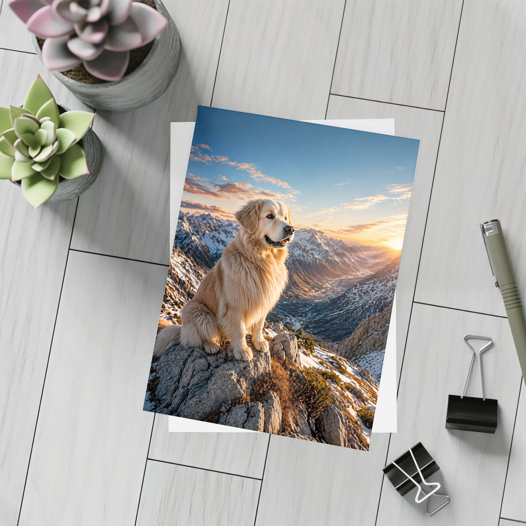 Golden Retriever Sitting on Snowy Mountain Summit – Postcards
