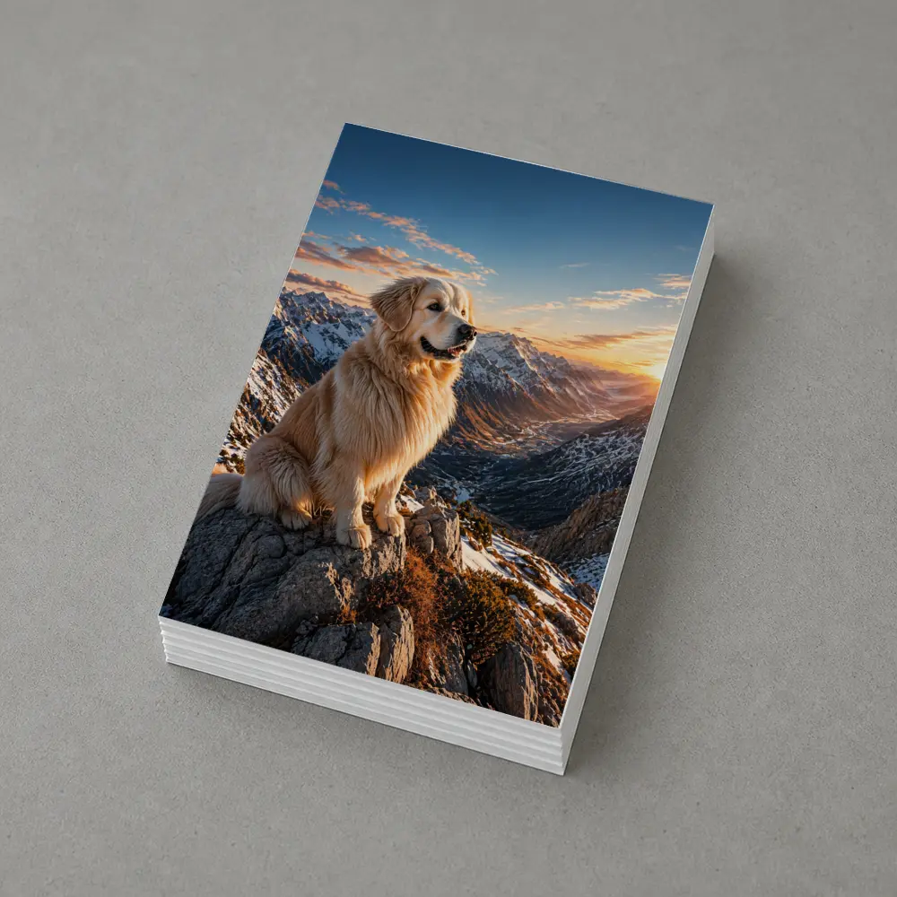 Golden Retriever Sitting on Snowy Mountain Summit – Postcards