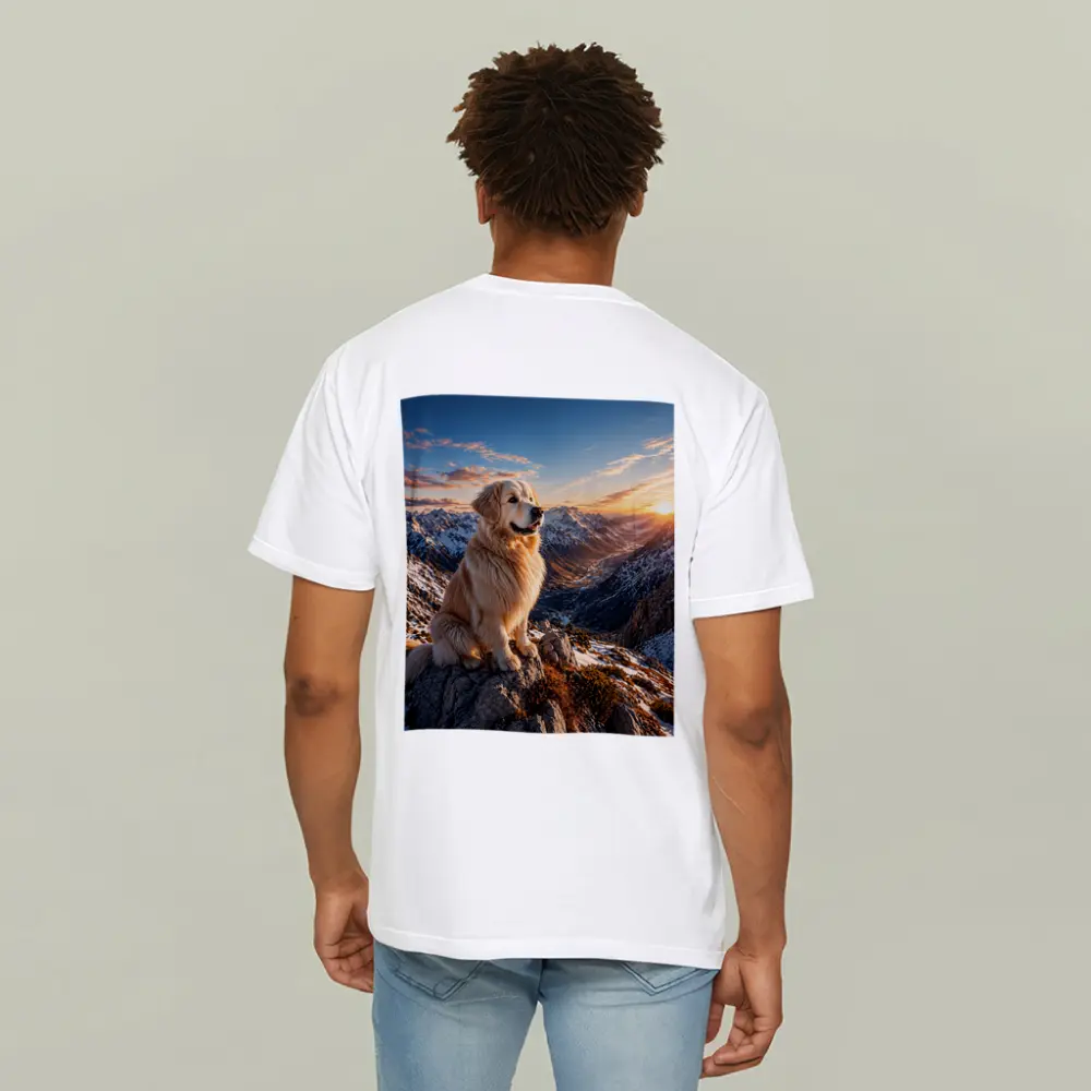 Golden Retriever Sitting on Snowy Mountain Summit – T-Shirts