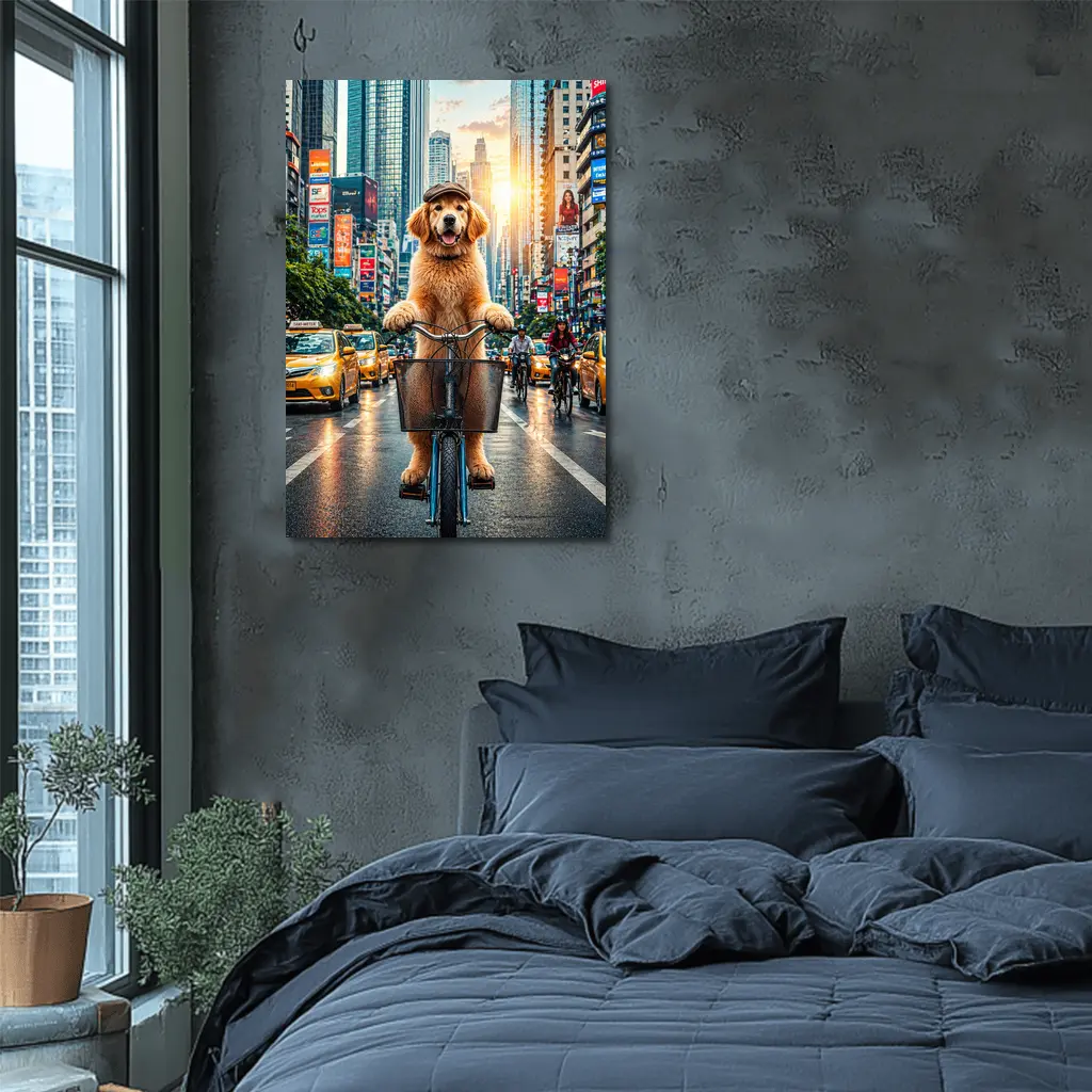Golden Retriever Riding Bike City Street – Wall Art