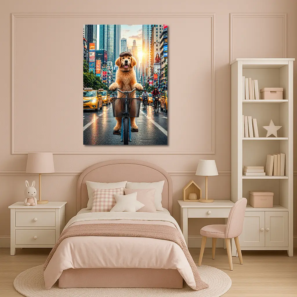 Golden Retriever Riding Bike City Street – Wall Art
