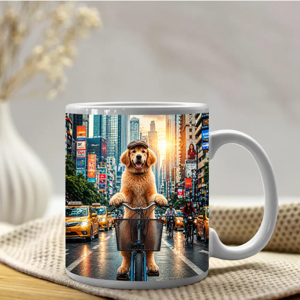 Golden Retriever Riding Bike City Street – Mugs