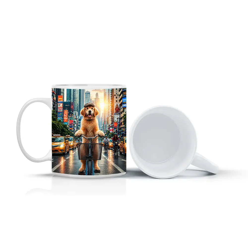 Golden Retriever Riding Bike City Street – Mugs