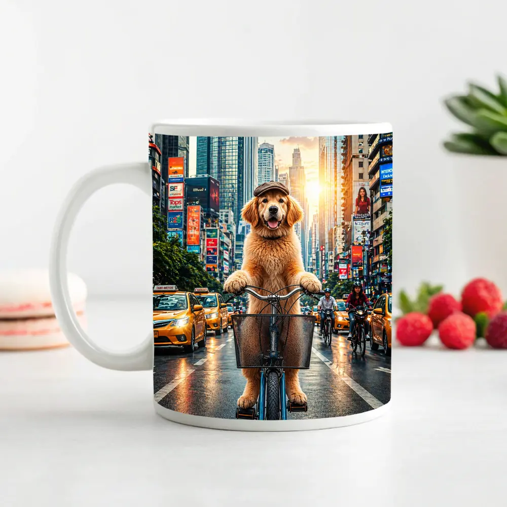 Golden Retriever Riding Bike City Street – Mugs