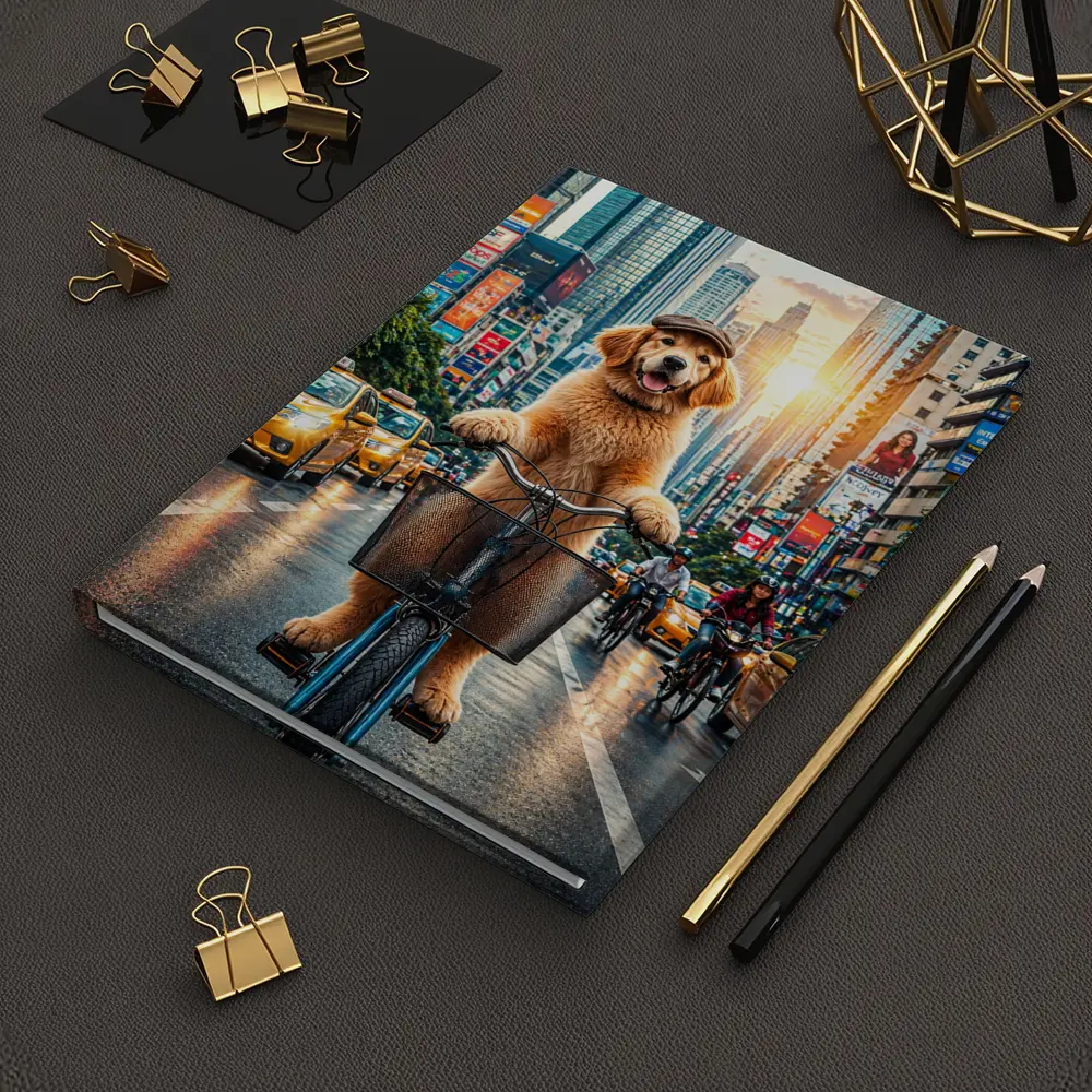 Golden Retriever Riding Bike City Street – Notebooks