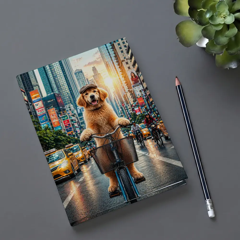 Golden Retriever Riding Bike City Street – Notebooks