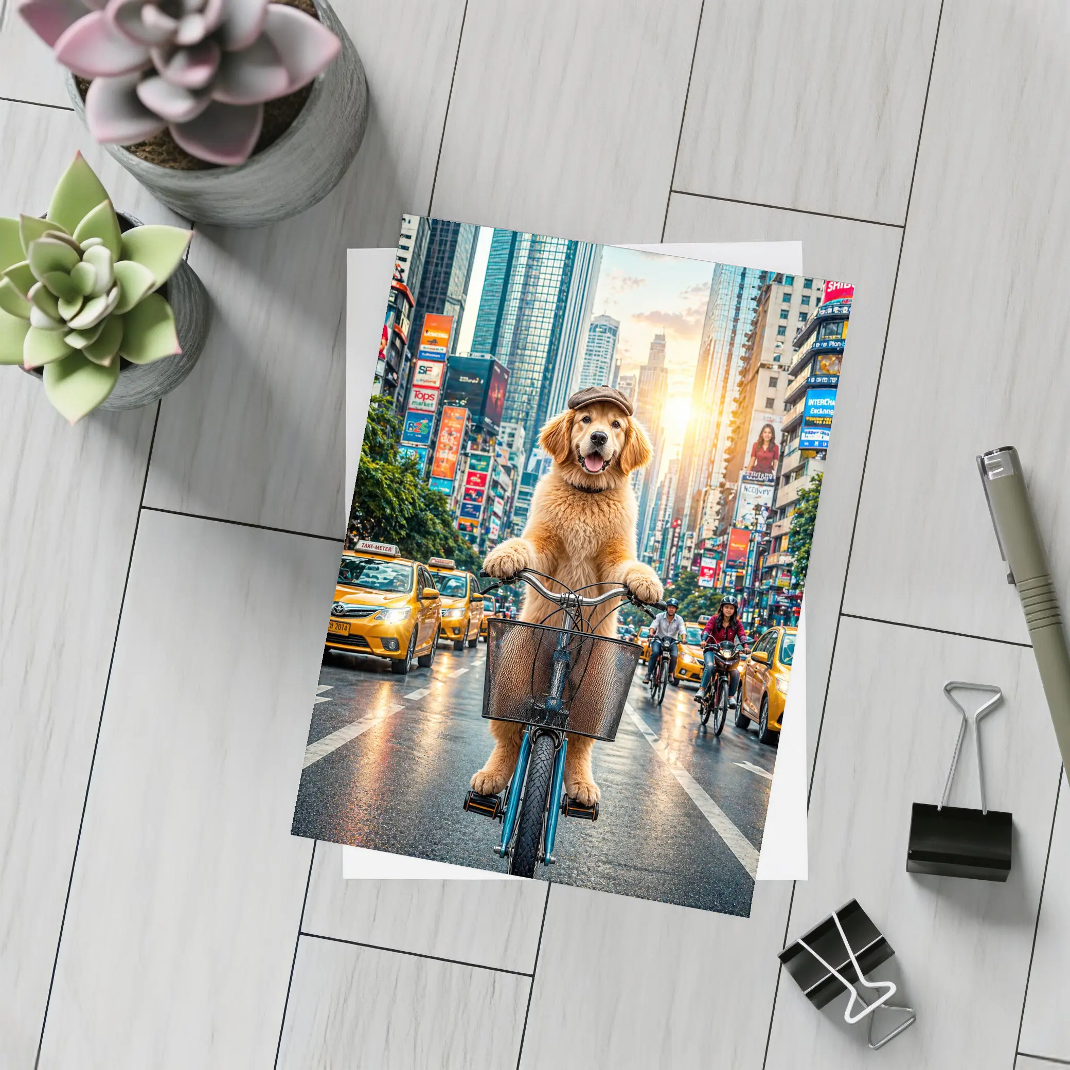 Golden Retriever Riding Bike City Street – Postcards