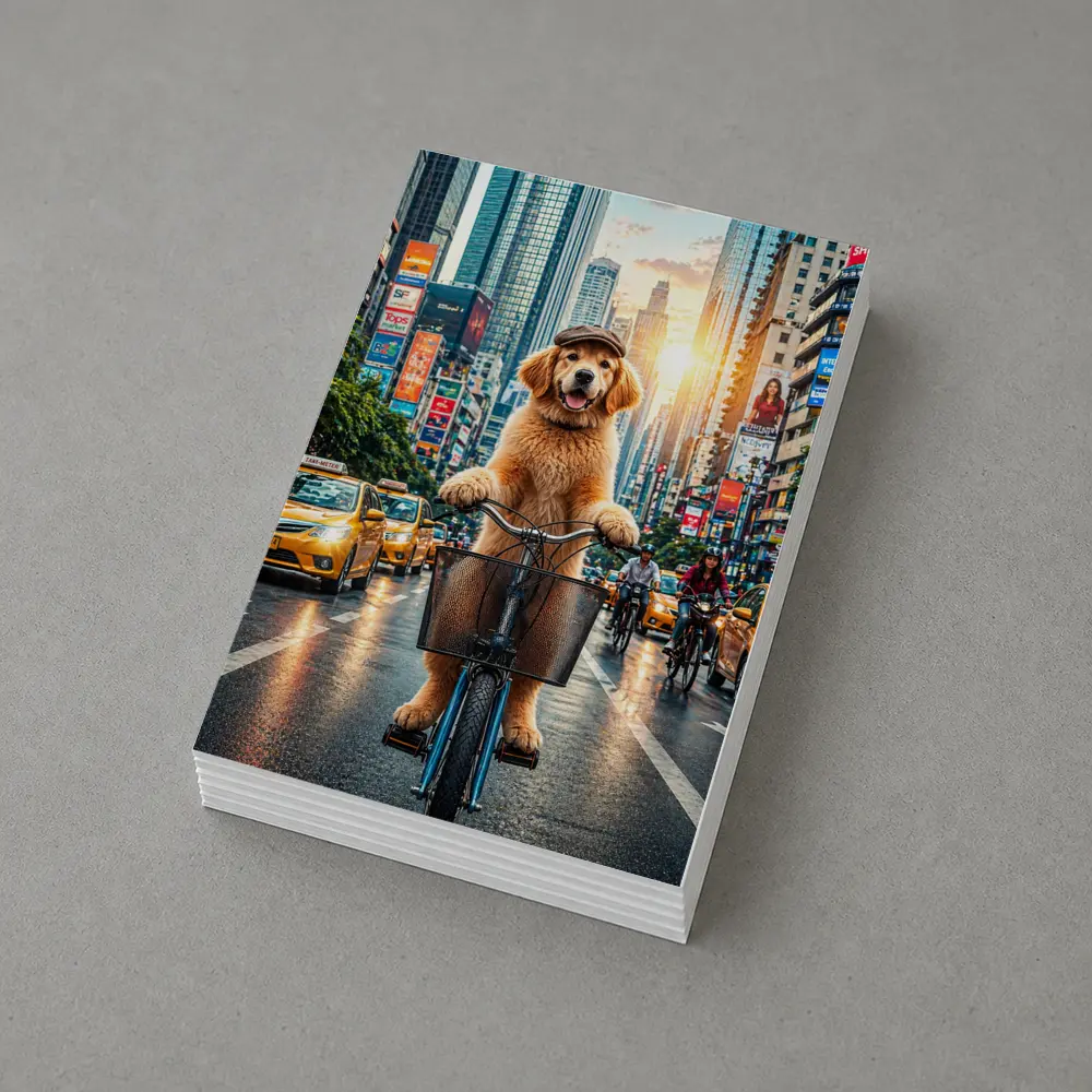 Golden Retriever Riding Bike City Street – Postcards