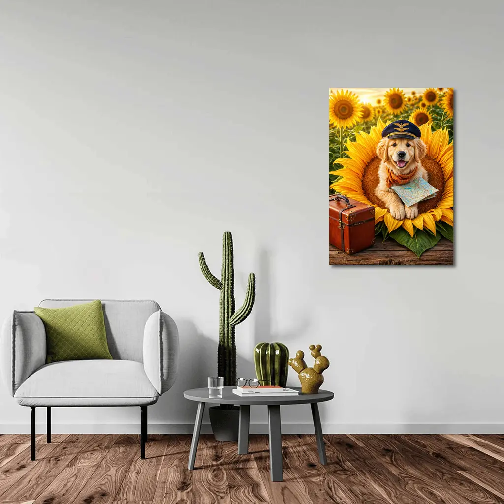 Golden Retriever Puppy Pilot Sunflower Field – Wall Art