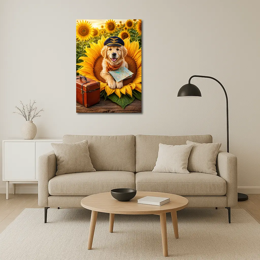 Golden Retriever Puppy Pilot Sunflower Field – Wall Art