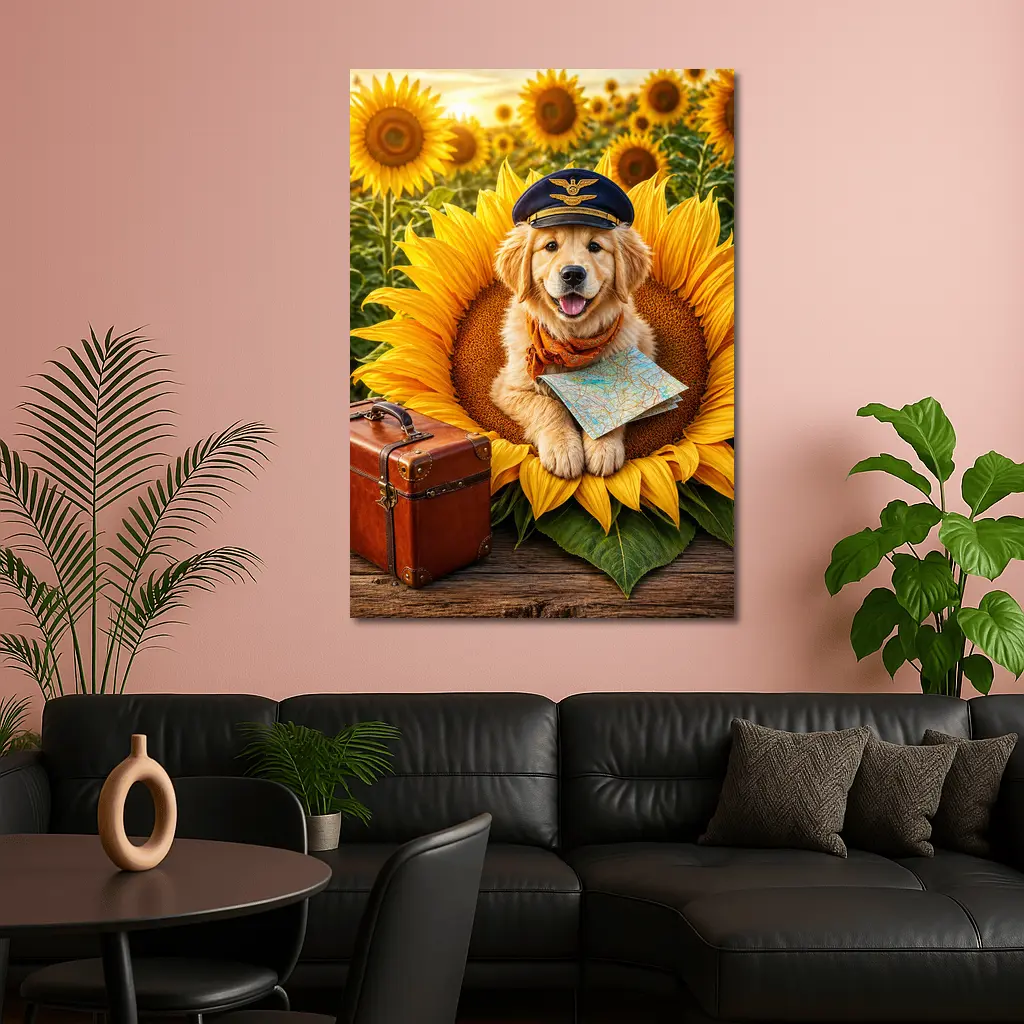 Golden Retriever Puppy Pilot Sunflower Field – Wall Art