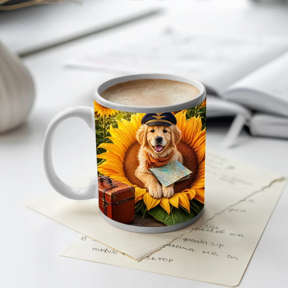 Golden Retriever Puppy Pilot Sunflower Field – Mugs