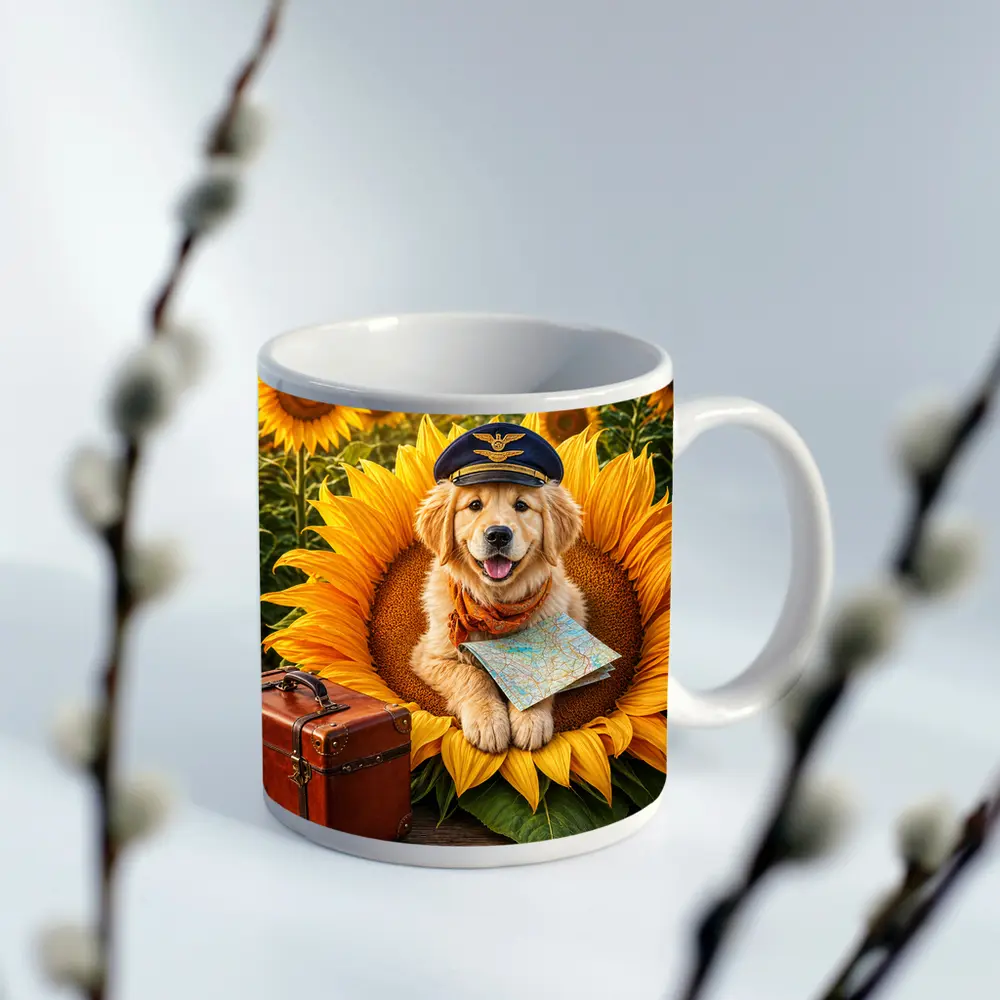Golden Retriever Puppy Pilot Sunflower Field – Mugs