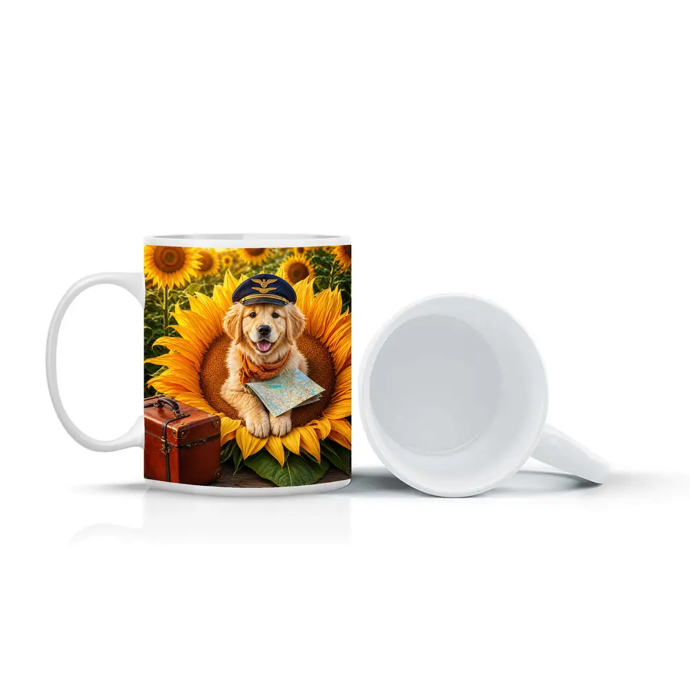 Golden Retriever Puppy Pilot Sunflower Field – Mugs