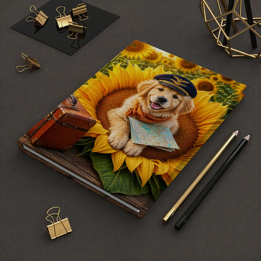 Golden Retriever Puppy Pilot Sunflower Field – Notebooks