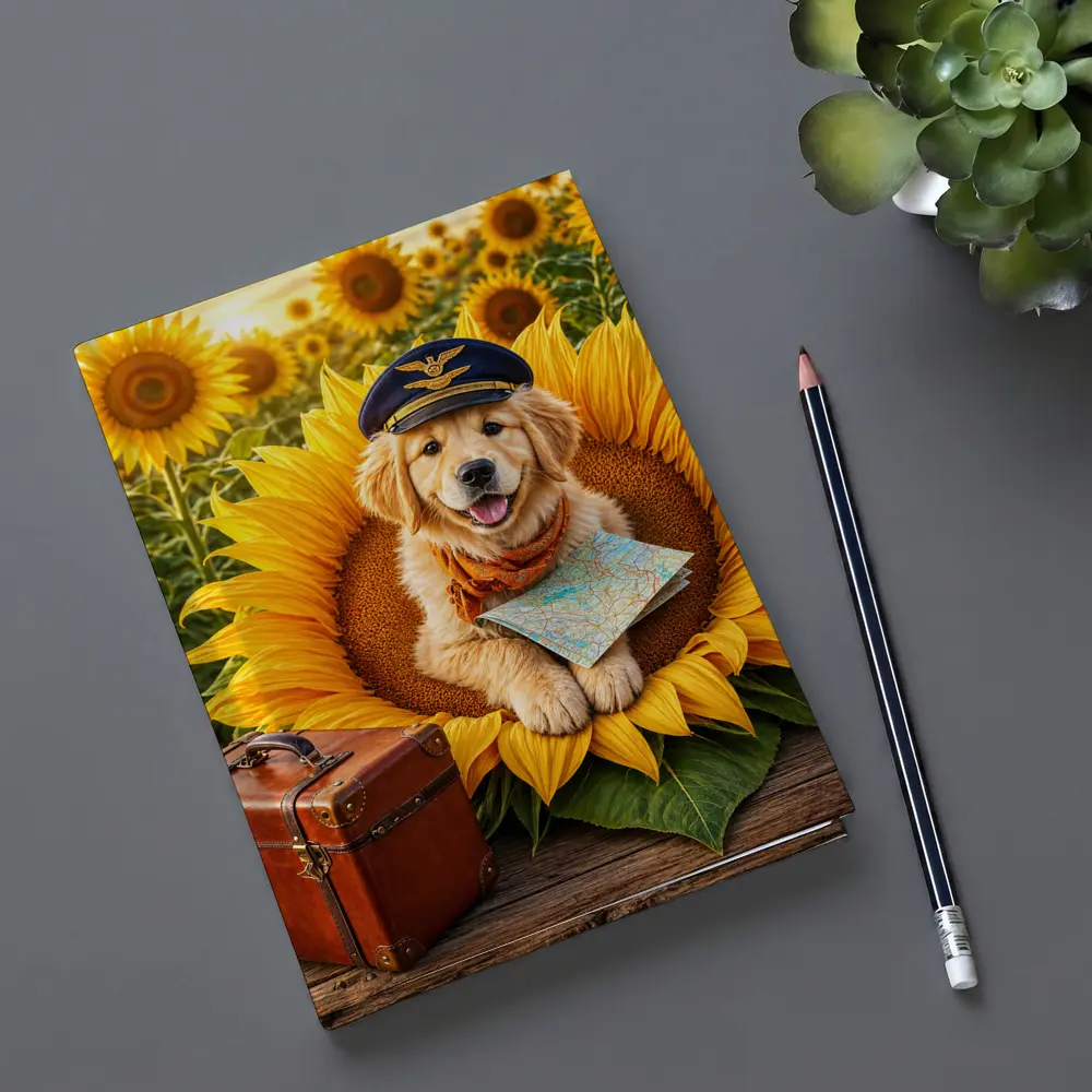 Golden Retriever Puppy Pilot Sunflower Field – Notebooks