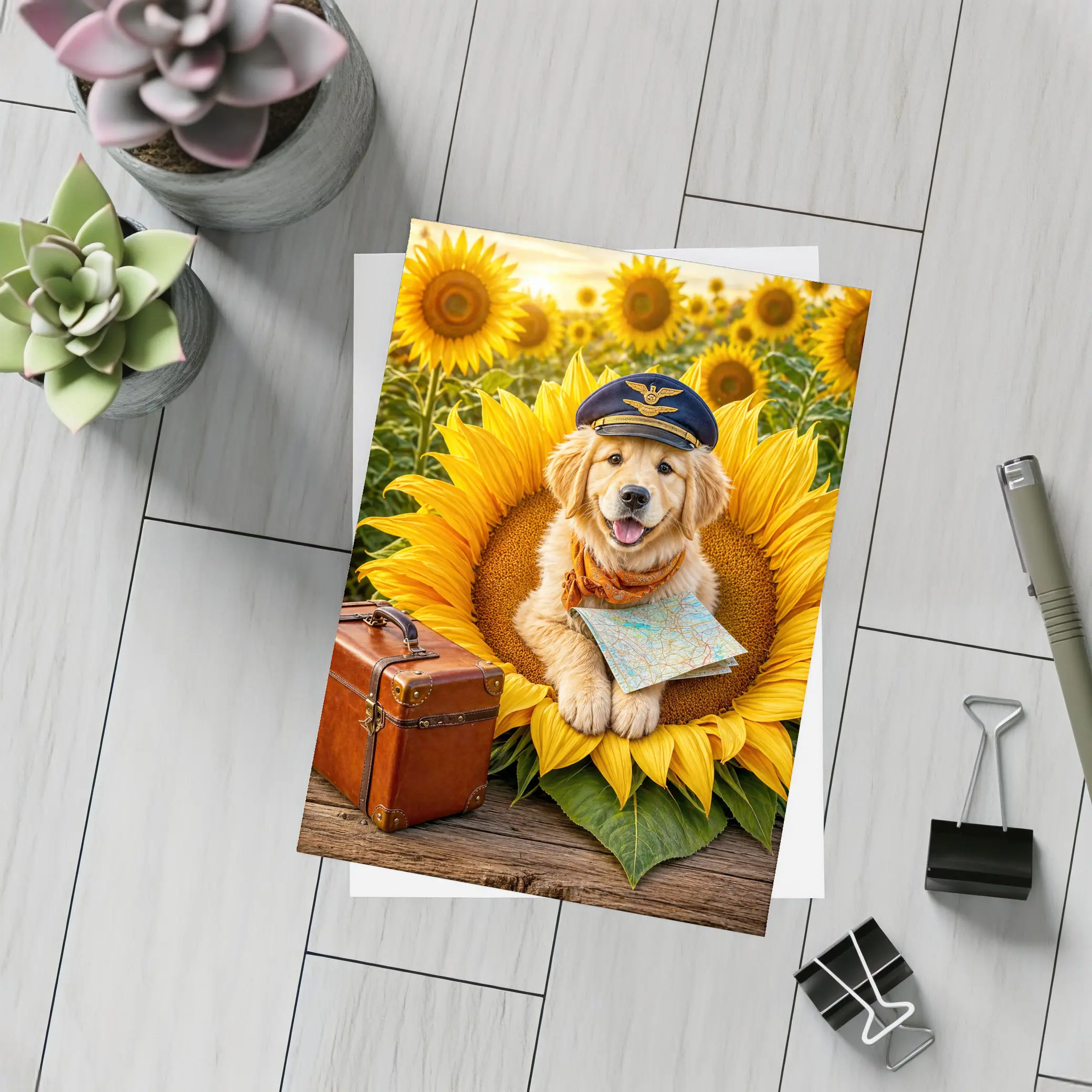 Golden Retriever Puppy Pilot Sunflower Field – Postcards
