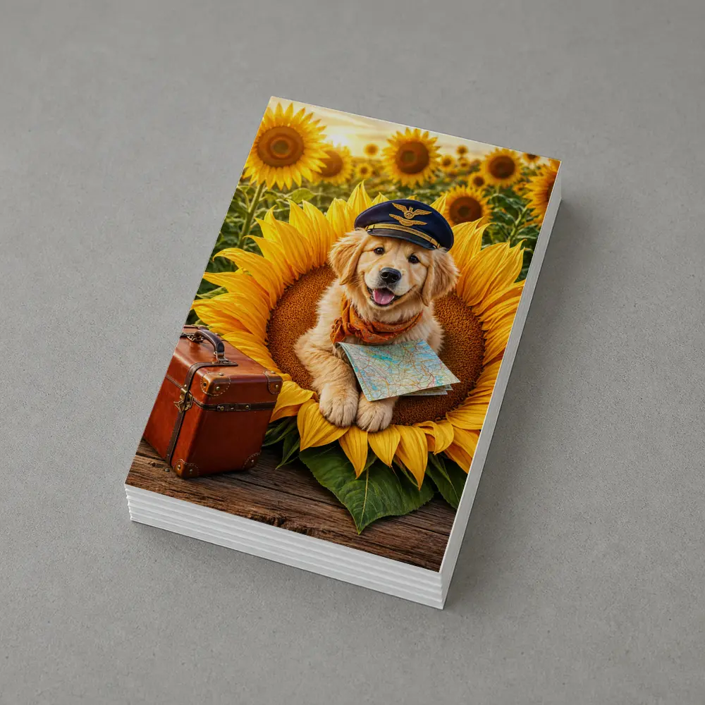 Golden Retriever Puppy Pilot Sunflower Field – Postcards